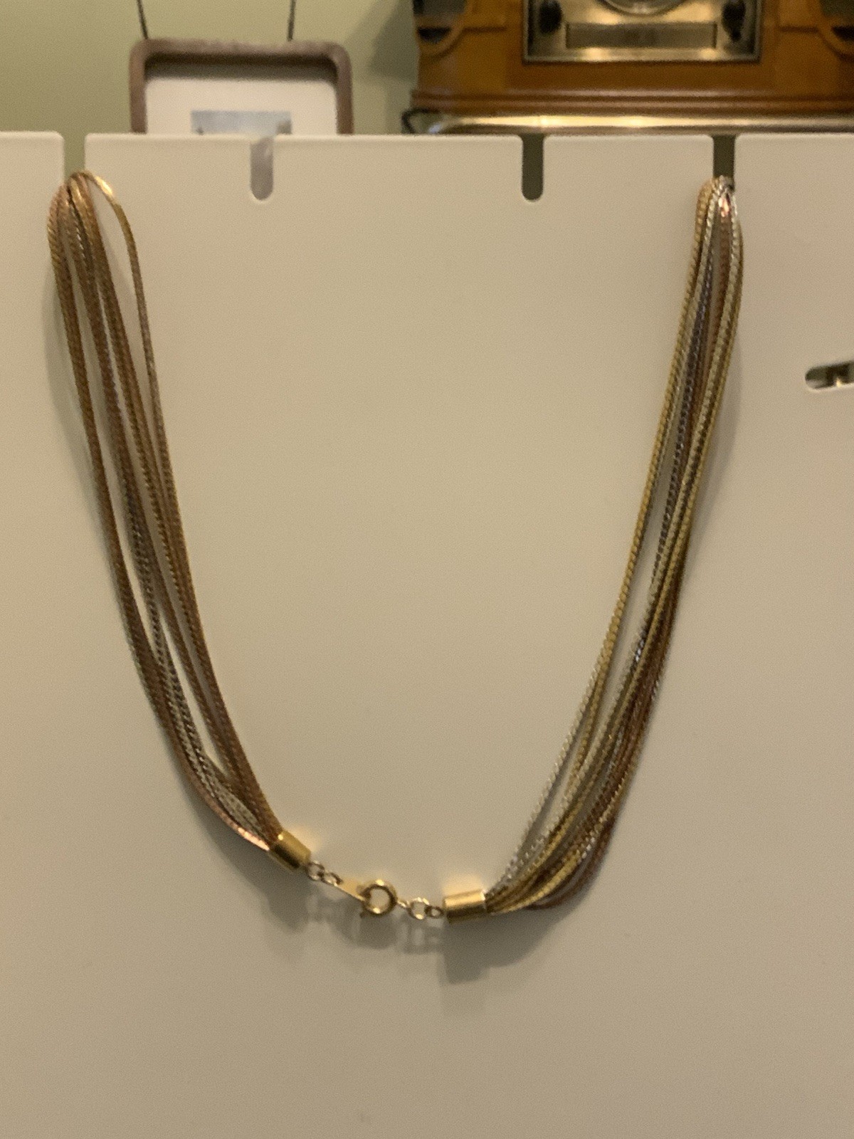 9 Strand Tri Colored 24” Necklace Silver Gold Rose