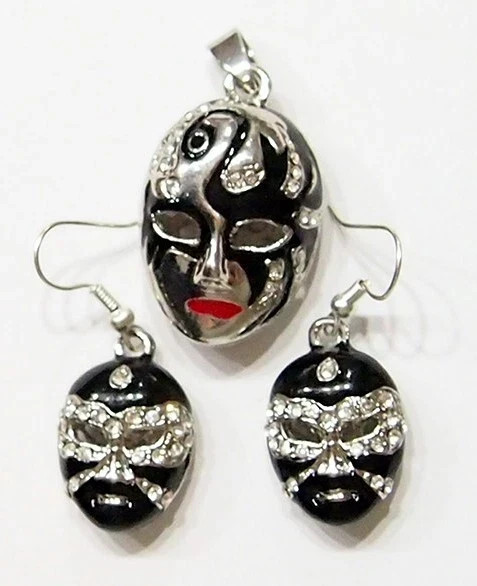 3 Black Silver Mardi Gras Enamel Crystal Pendant 39x20mm &Earring 24x16mm /Charm