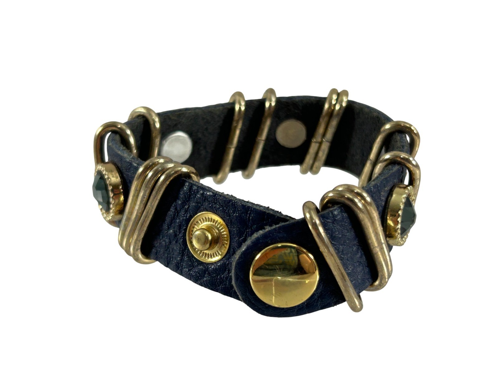 Vintage Star King Blue Leather Bracelet Gold Tone Hardware Snap Cuff Rhinestones