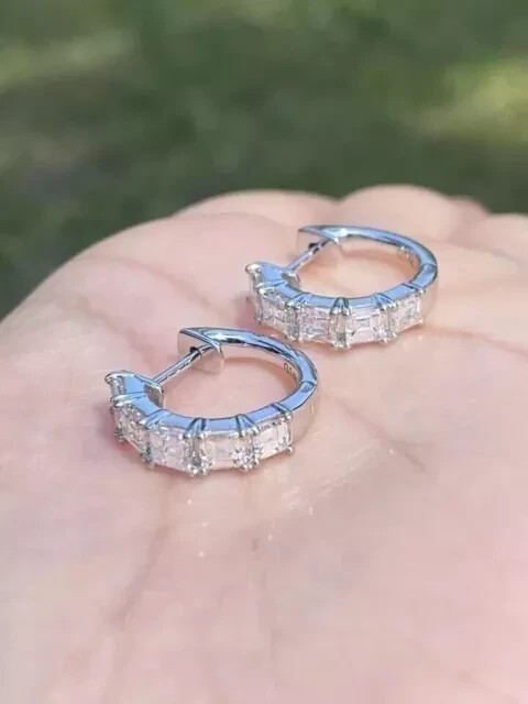 3 Ct Princess Cut Simulated Diamond Women’s Hoop Earrings 14k White Gold Plated