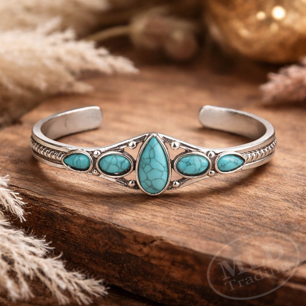 Turquoise Cuff Bracelet – Alloy Silver Tone Natural Stone Southwestern Style