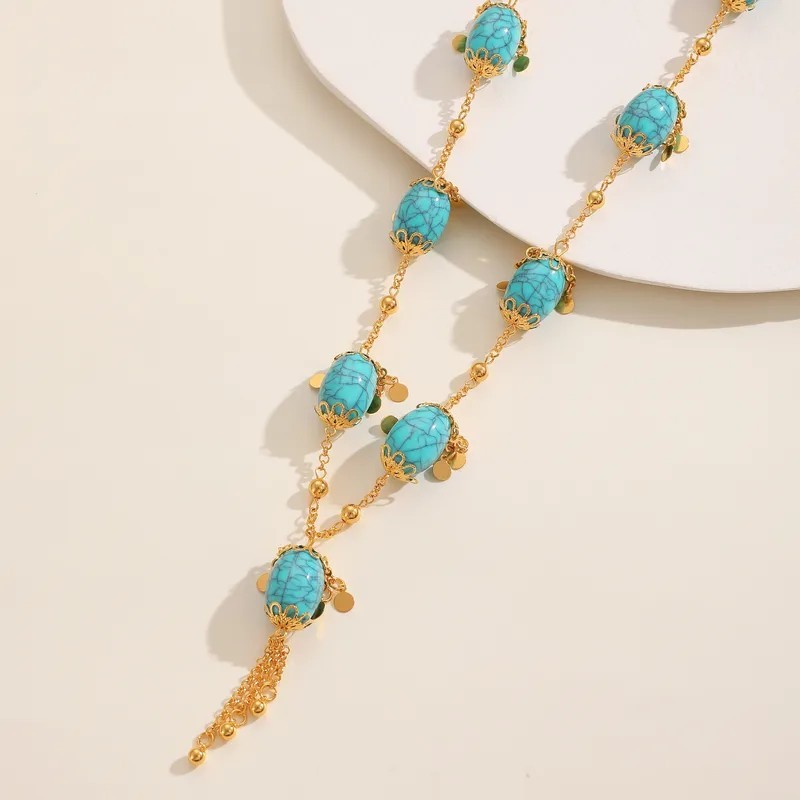Gold Plated Turquoise Beaded Cable Chain Necklace Oval Blue Stone Tassel
