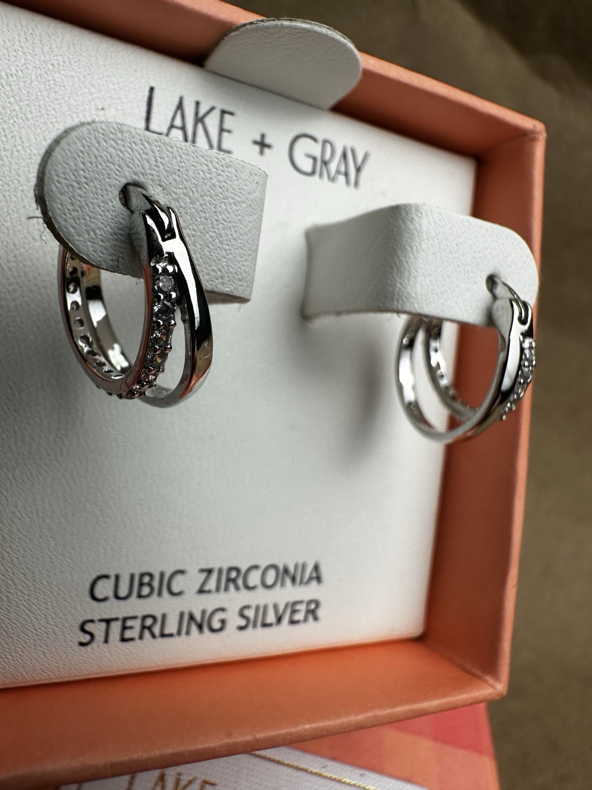 Lake + Gray 925 Sterling Silver CZ Huggie Hoop Earrings New in Box Gift Pink Box