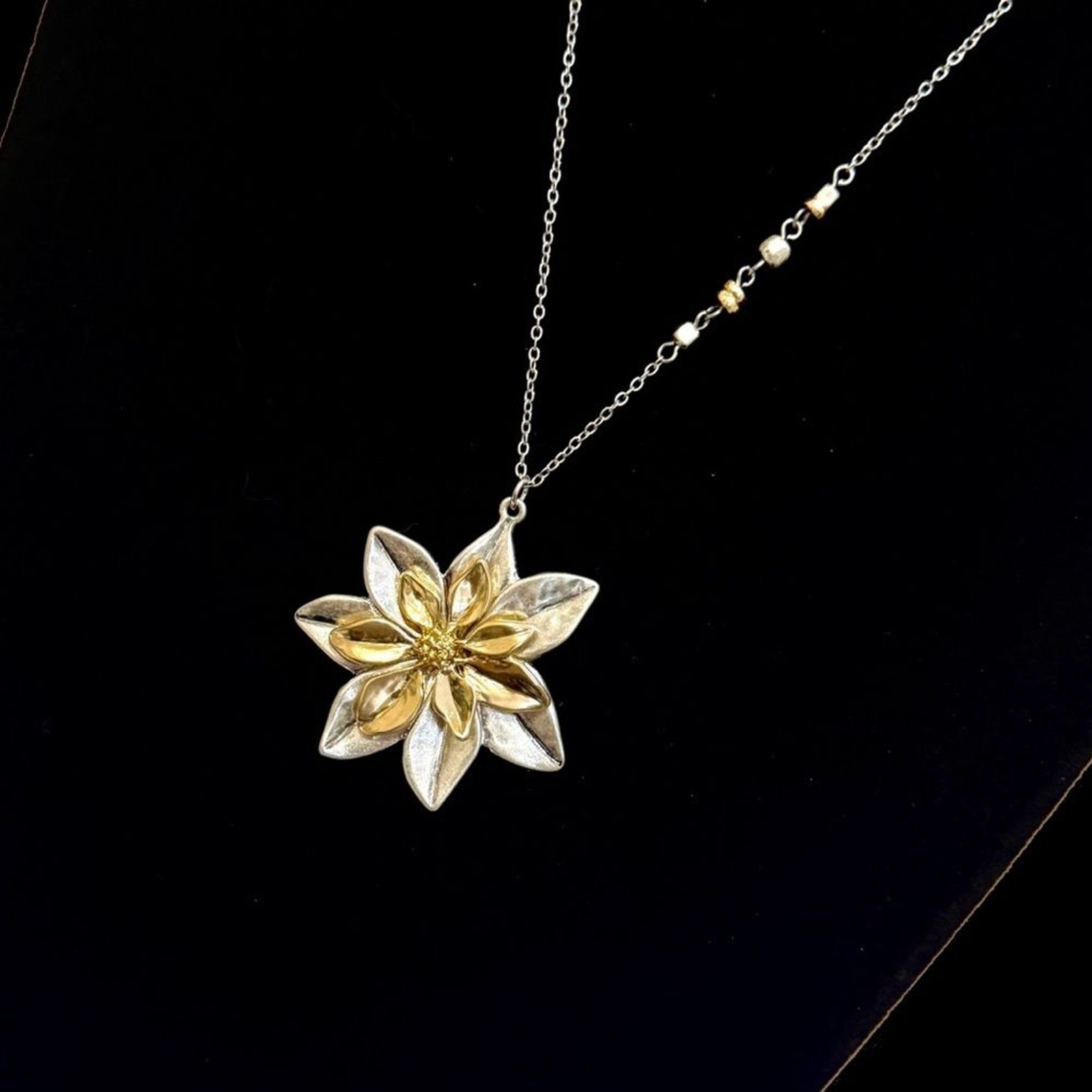J.JILL Reversible Two-Tone Flower Pendant Necklace on Long Silver Chain | NEW