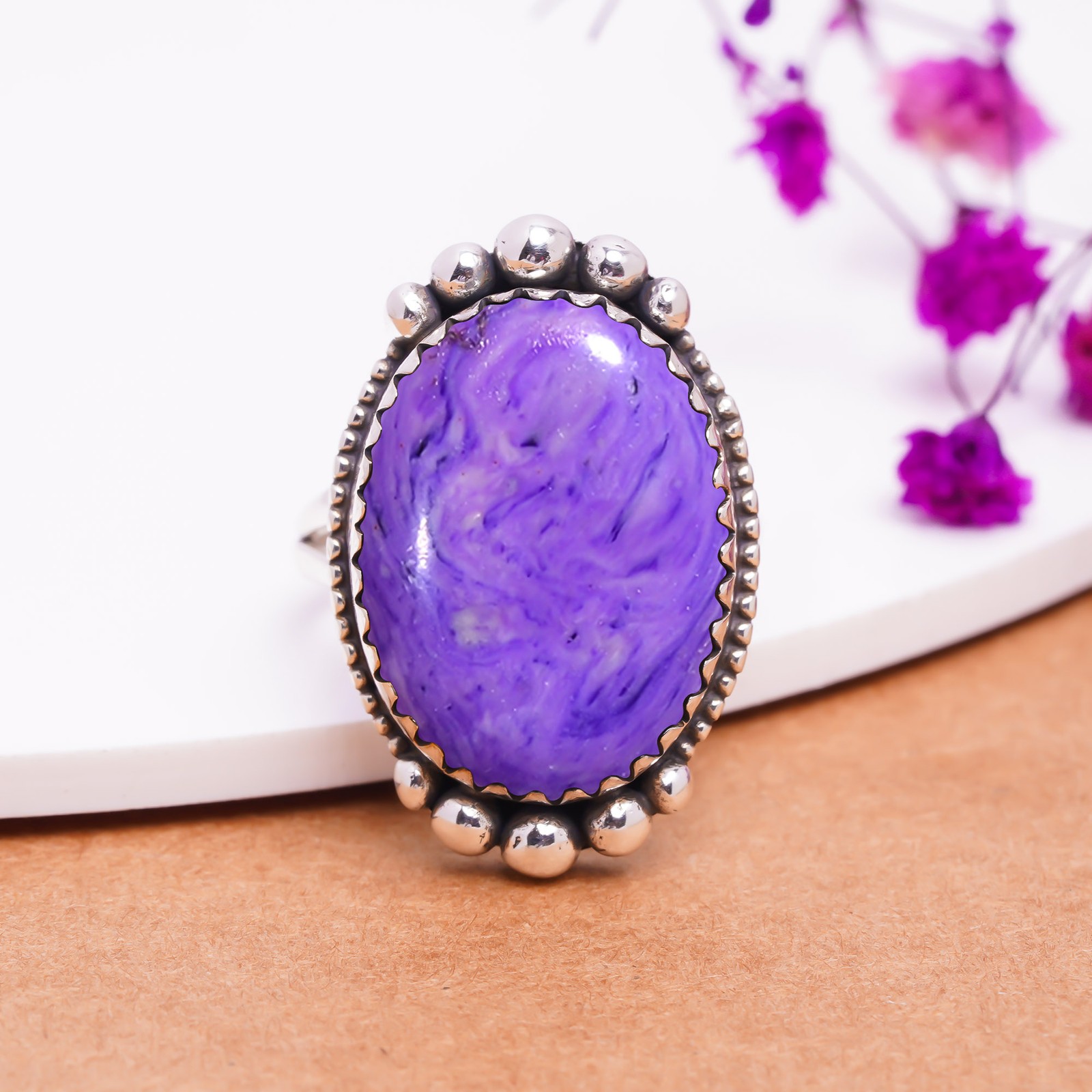 Handmade Purple Charoite Sterling Silver Ring, Handmade Artisan Birthday Jewelry