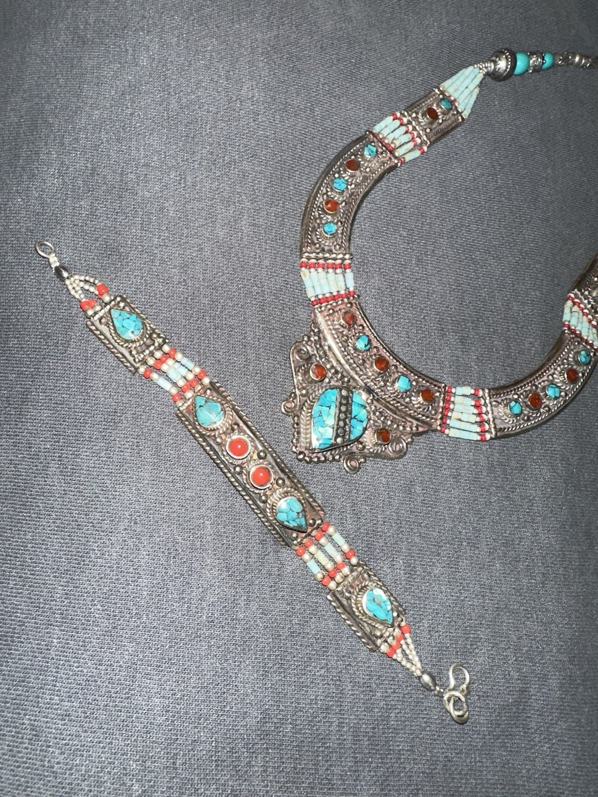 NEPAL TIBETAN HANDMADE Coral & Turquoise Bracelet Tibetan Silver Stamped .925