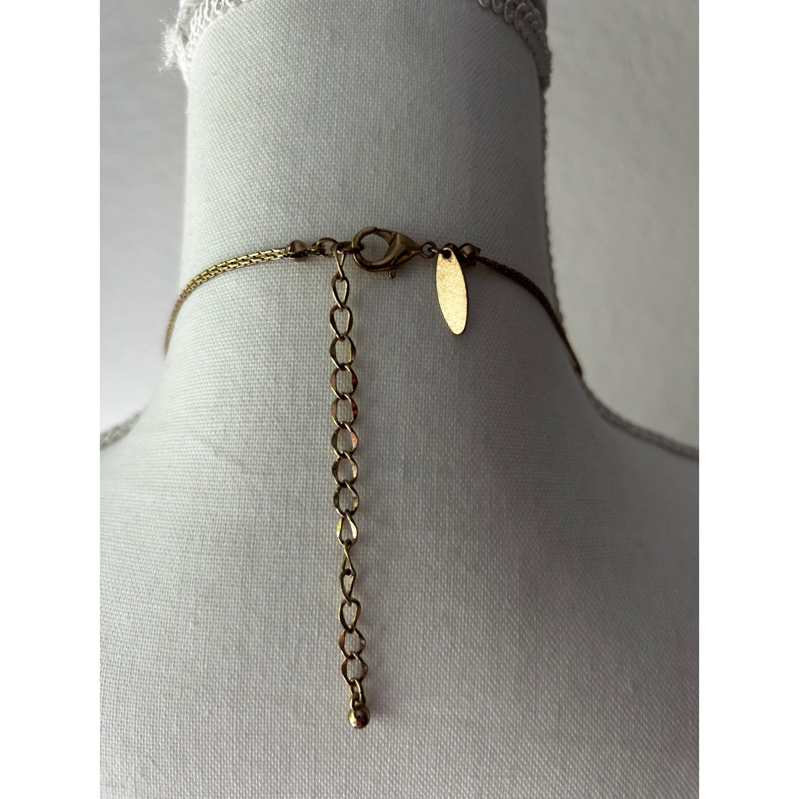Gold Tone Layered Station Necklace Faux Pearl Black Bead Long Adjustable 37-40in