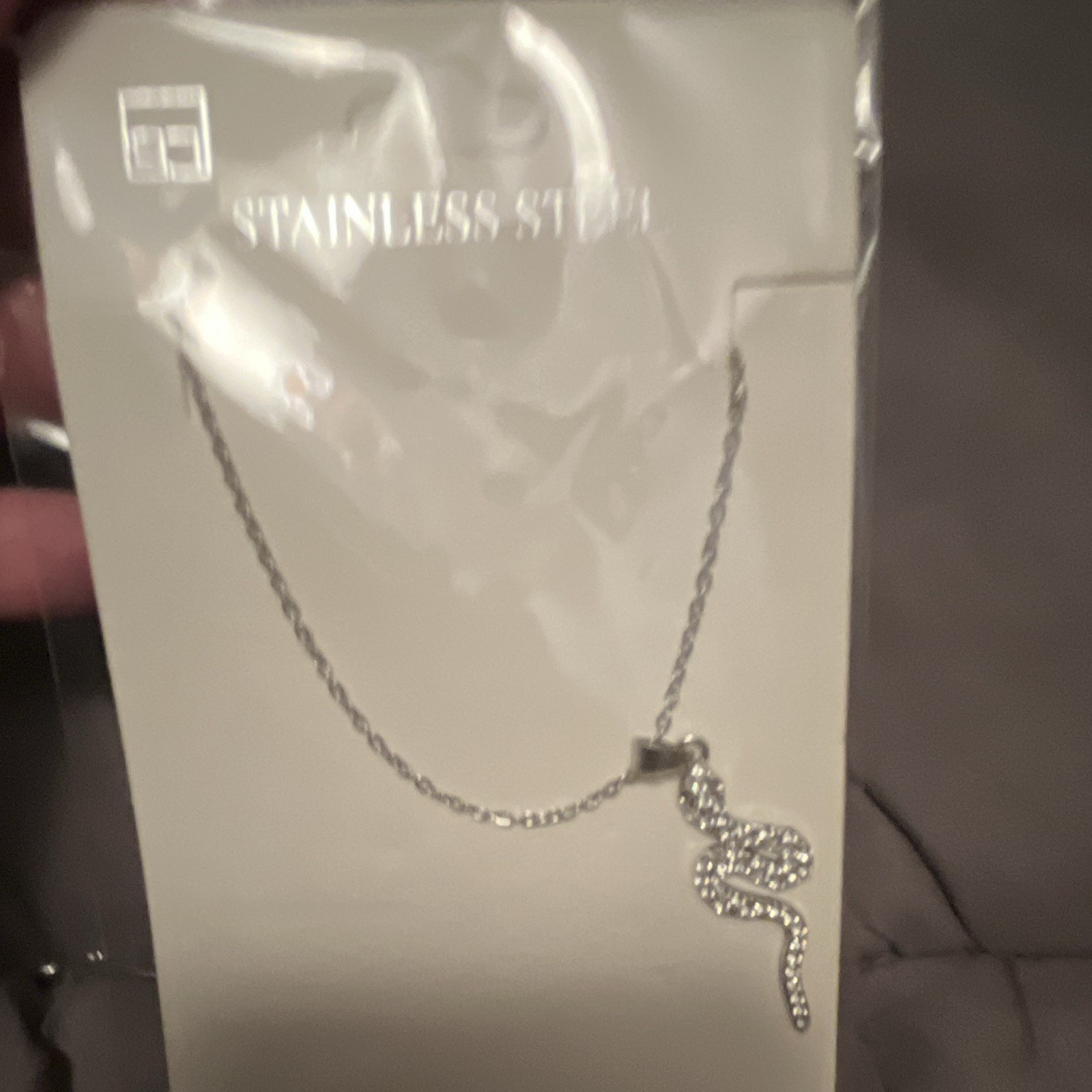 Stainless Steel Snake Charm Pendant Cable Chain Necklace, White Crystal Pavé