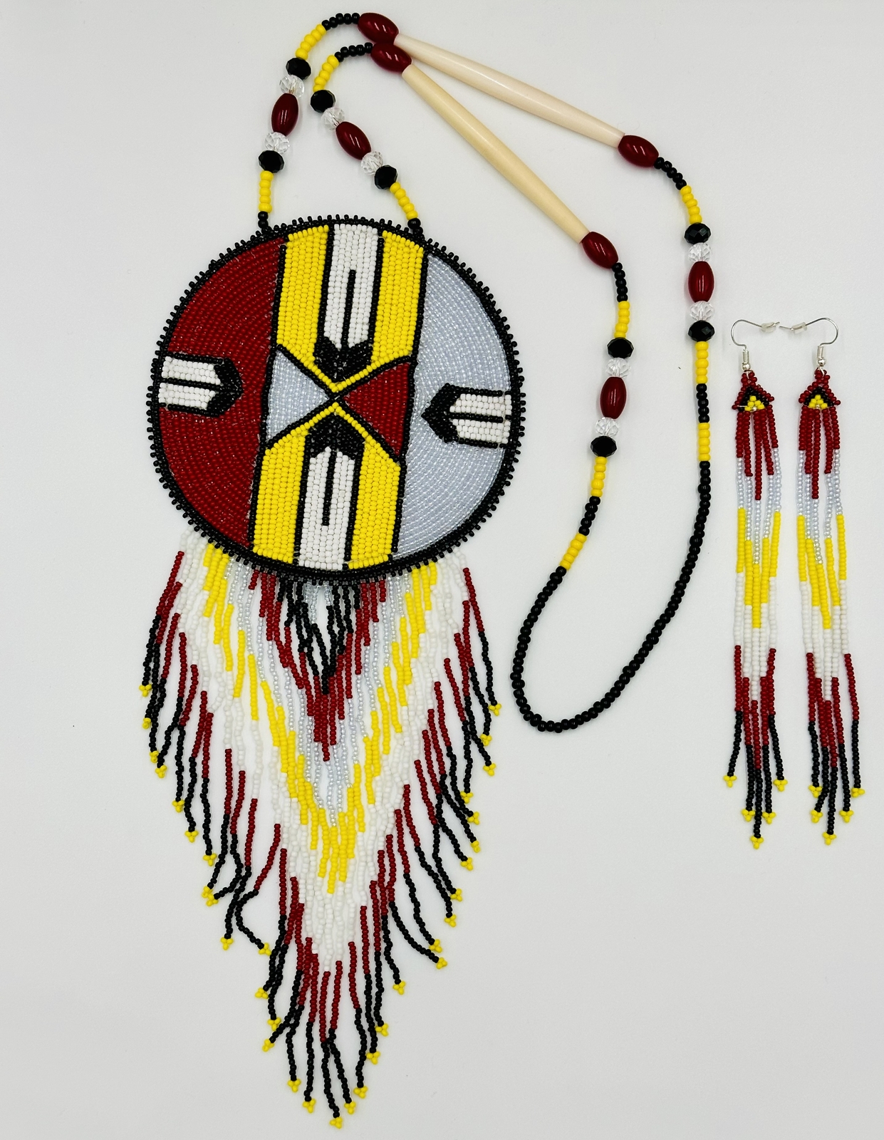 Handmade beaded Rosette pendant necklace earrings set