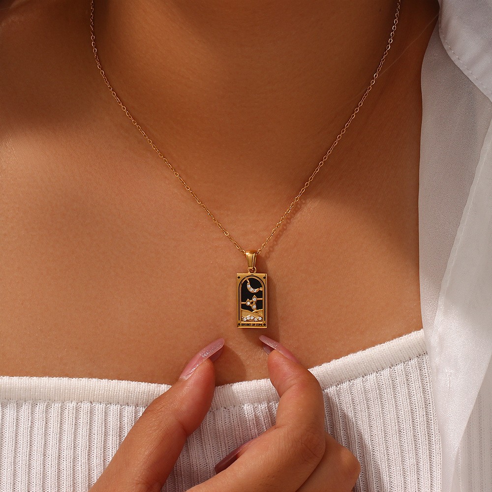 Tarot Card Rectangular Stainless Steel Enamel Zircon Fashion Pendant Necklace