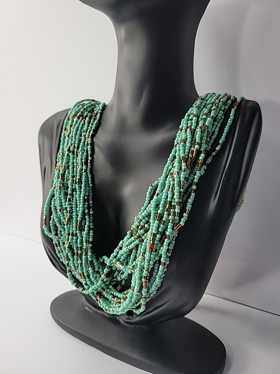 Vintage Necklace Beaded Blue Multi Strand Brown Jewelry Costume