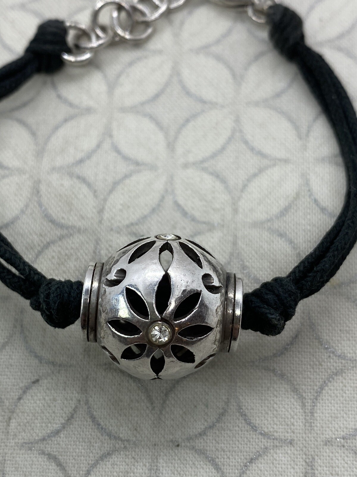 Brighton Trade Winds Silver Tone Corded Black Bracelet Round Flower bead Used