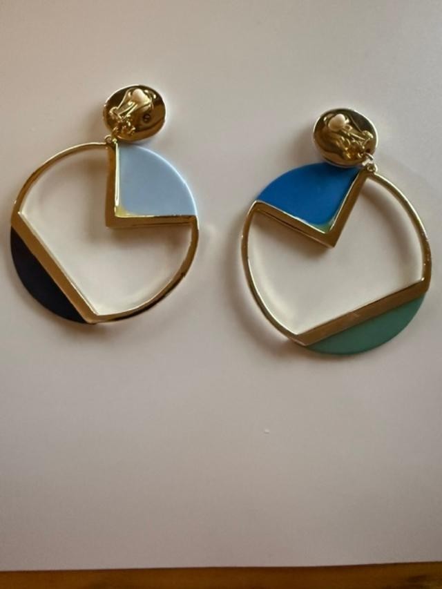 Color Block Enamel Clip-On Earrings Gold Tone Blue Green Mismatched 2.25″