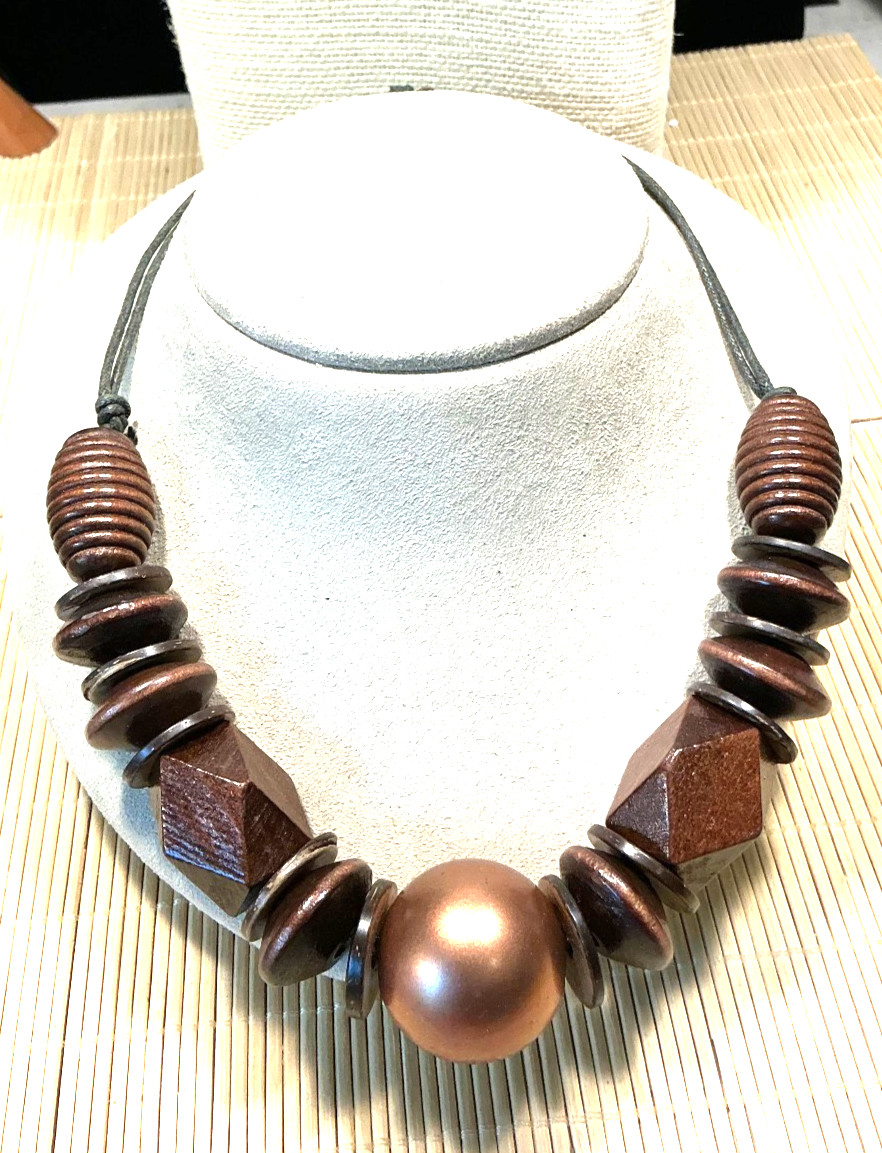 Fashion Necklace Chunky Brown Beveled Wood Copper Plastic Choker 103E
