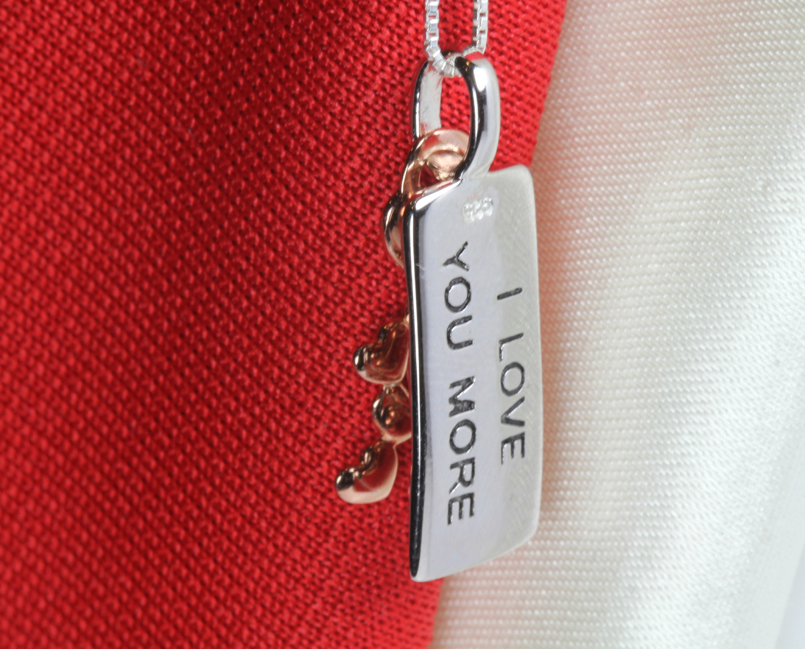 Sterling Silver Two Tone Hearts “I LOVE YOU MORE” Charm Pendant Necklace 16″ &18