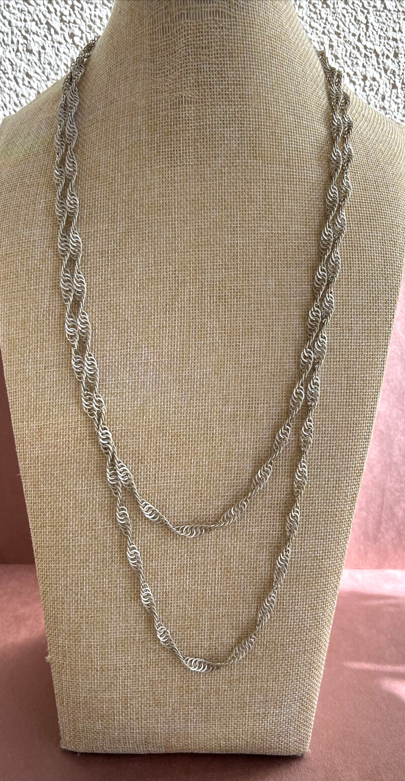 Silver Tone with Unique Twisted Circles Links Flapper Necklace 60″