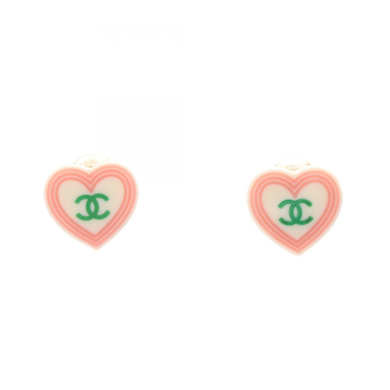 CHANEL COCO Mark Heart Earring Stainless Steel Plastic Pink Green Used women CC
