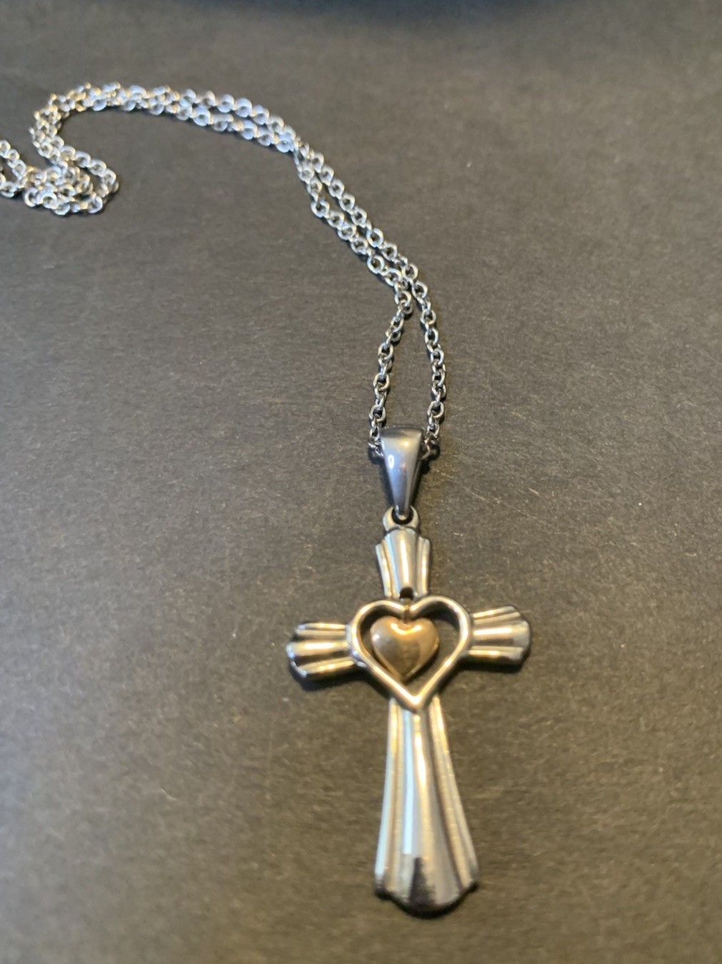 Silver Tone Cross w/ Copper Color Dangle Heart Pendant Necklace 18” Simple Cute