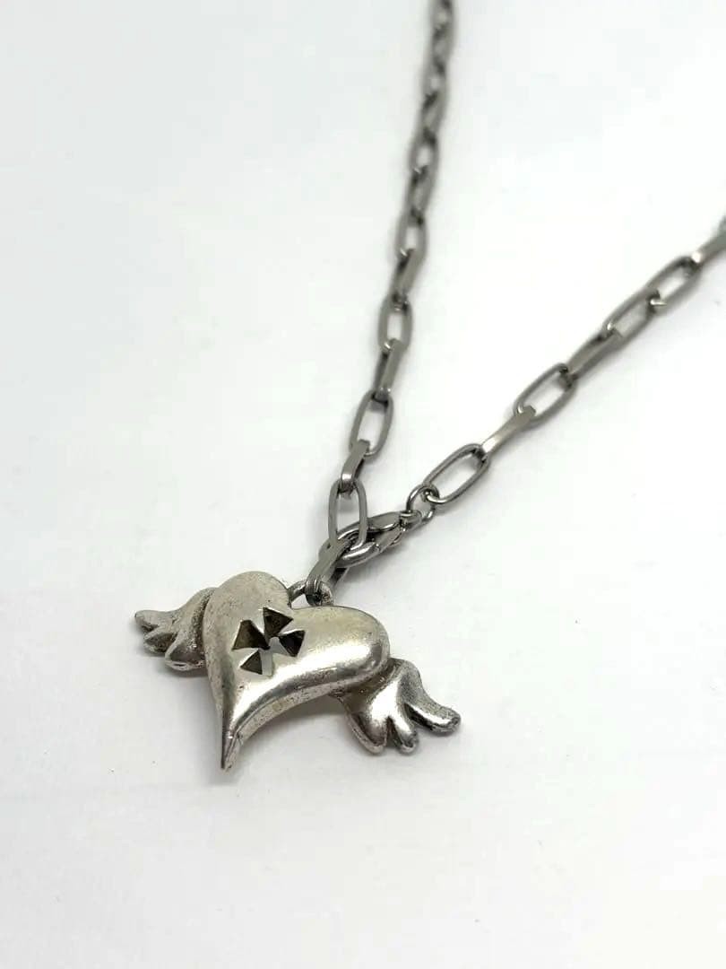 Heart & Wing Motif Necklace Silver Tone 51.5cm Chain 3.6cm Pendant Japan