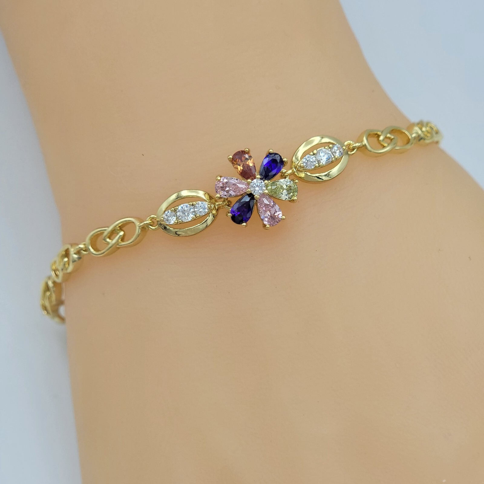 Woman 14K Gold Plated Multicolor Crystals Flower Bracelet Oro Laminado