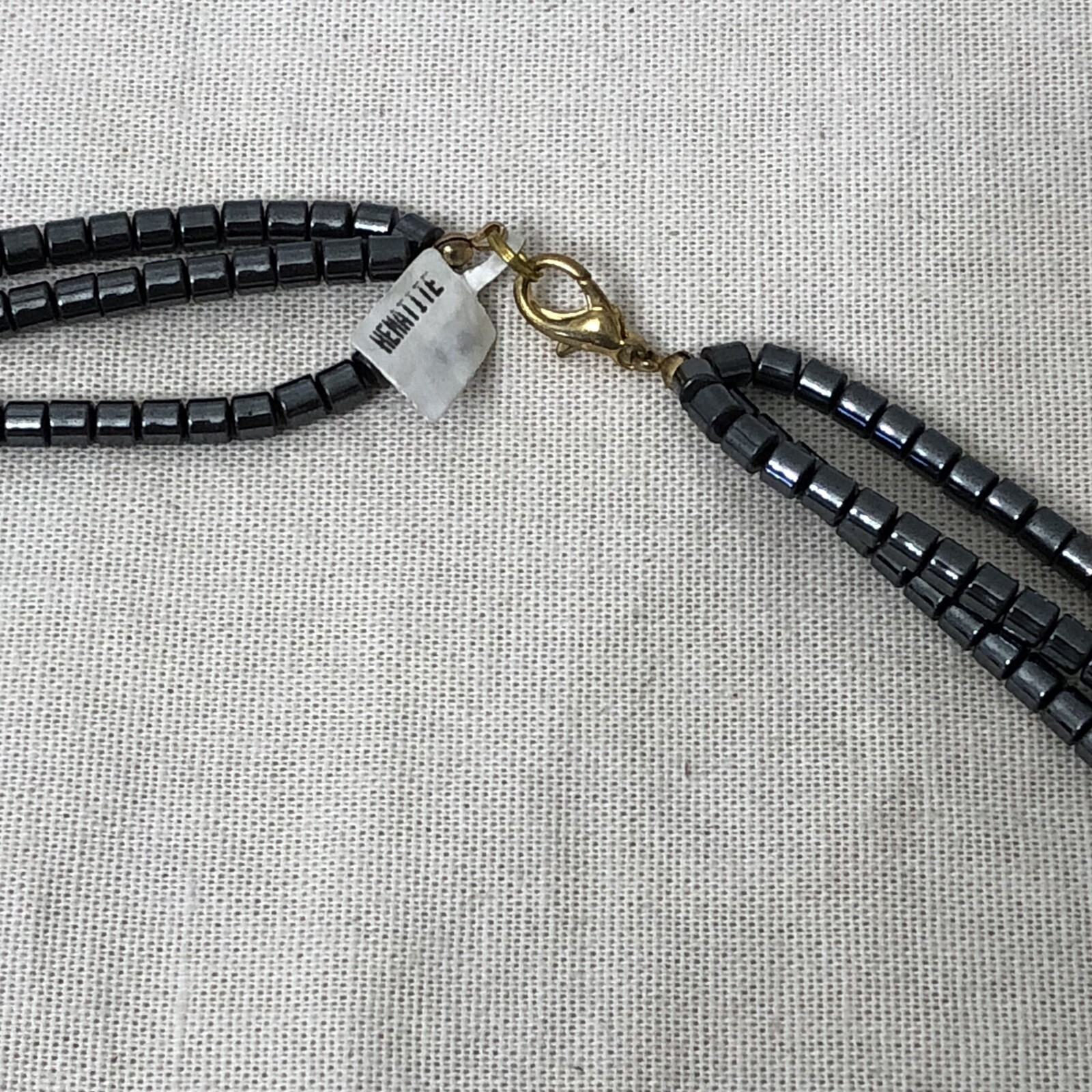 Triple Strand Hematite Stone Necklace Faux Pearls & Goldtone Spacers Length 32”