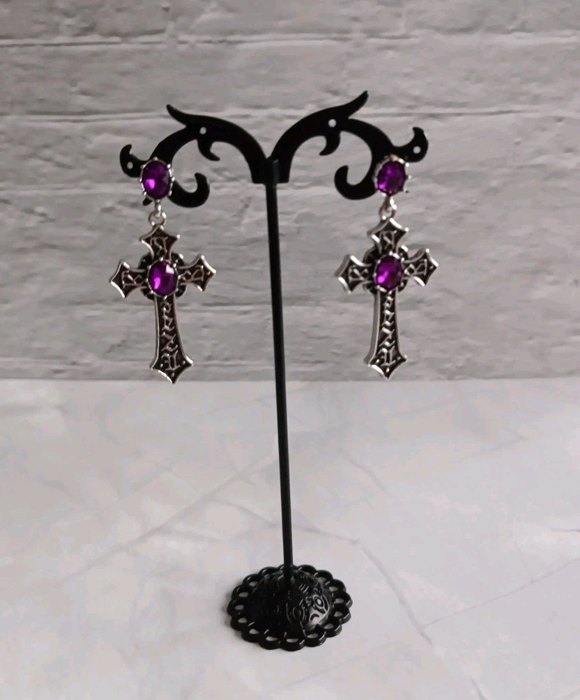 Silver Tone Gothic Style Cross Earrings With Purple Stones 5 x 2.5cm BNWT