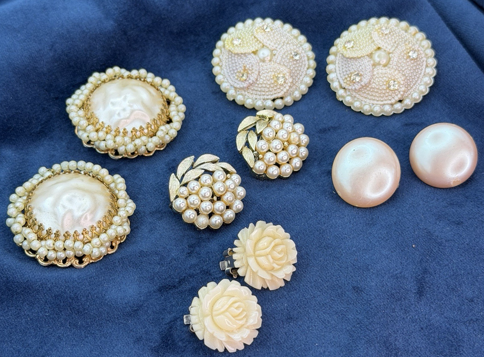 Vintage All Pearl Earrings Jewelry Lot Clip On 5 Pairs Lisner Japan Rose Leaves