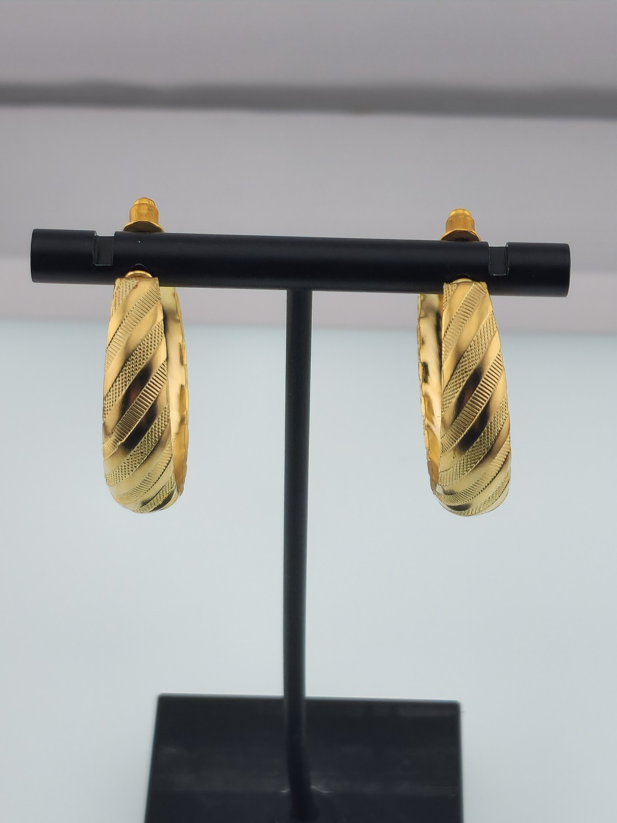 Brushed Etched Gold Tone Swirl Design Half Hoop Post Back Earrings