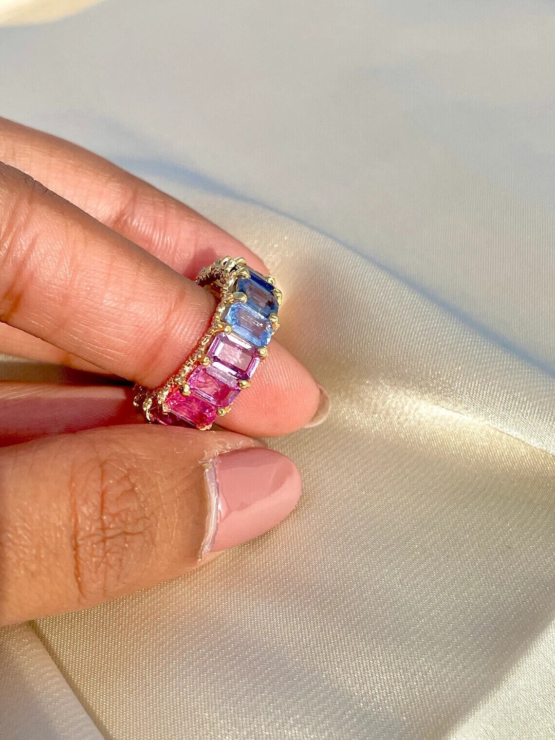 3Ct Emerald Simulated Multi Colour Eternity Ring 14k Yellow Gold Plated Silver