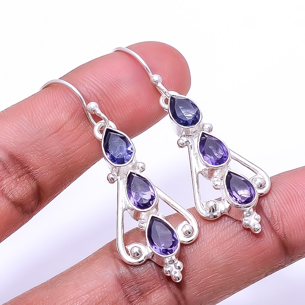 Purple Amethyst Multi Collet 925 Sterling Silver Earring 1.95″ E0 Christmas Gift
