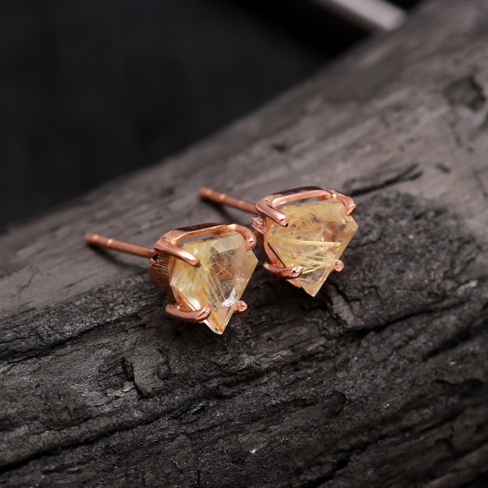 Natural Golden Rutile Shield Stud Earrings Rose Gold Filled Solid Silver Jewelry