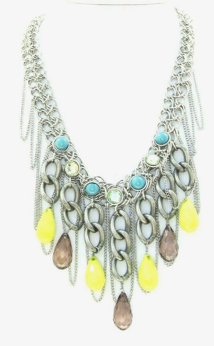 Jessica Simpson Blue Yellow & Smoky Bead Fringe Chain 18″ Necklace NWT