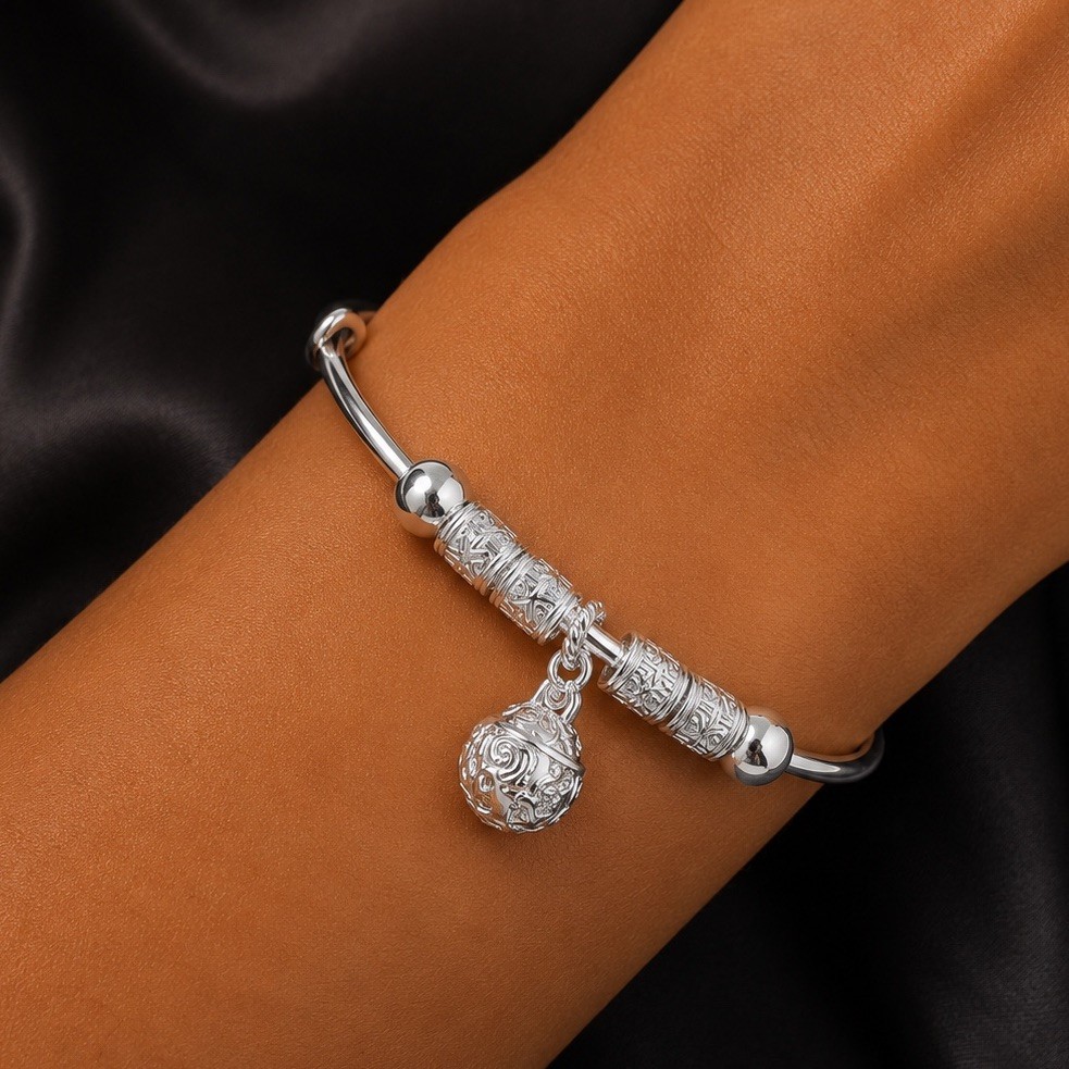Silver Tone Bangle Bracelet Drop Ball Charm & Beads Adjustable Stackable Beaded