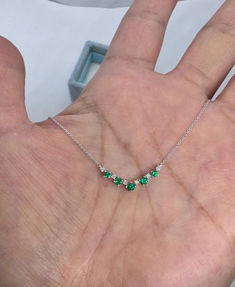 1Ct Round Cut Simulated Emerald Bar Pendant 14K White Gold Plated 18″ Chain