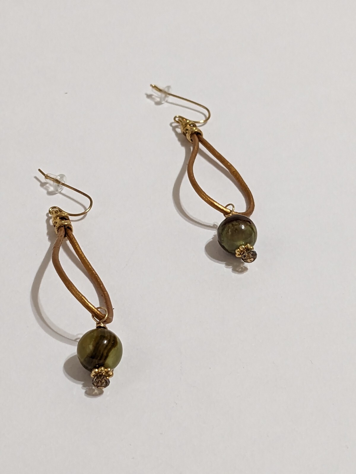 Gold Tone With Green & Brown Marbled Glass Beads Hook/Dangle Earrings. 2.5″.