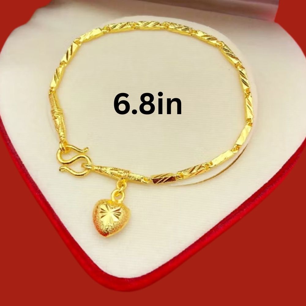 Heart Charm 22K 23K 24K THAI BAHT YELLOW GOLD Bracelet Jewelry Women 6.8in