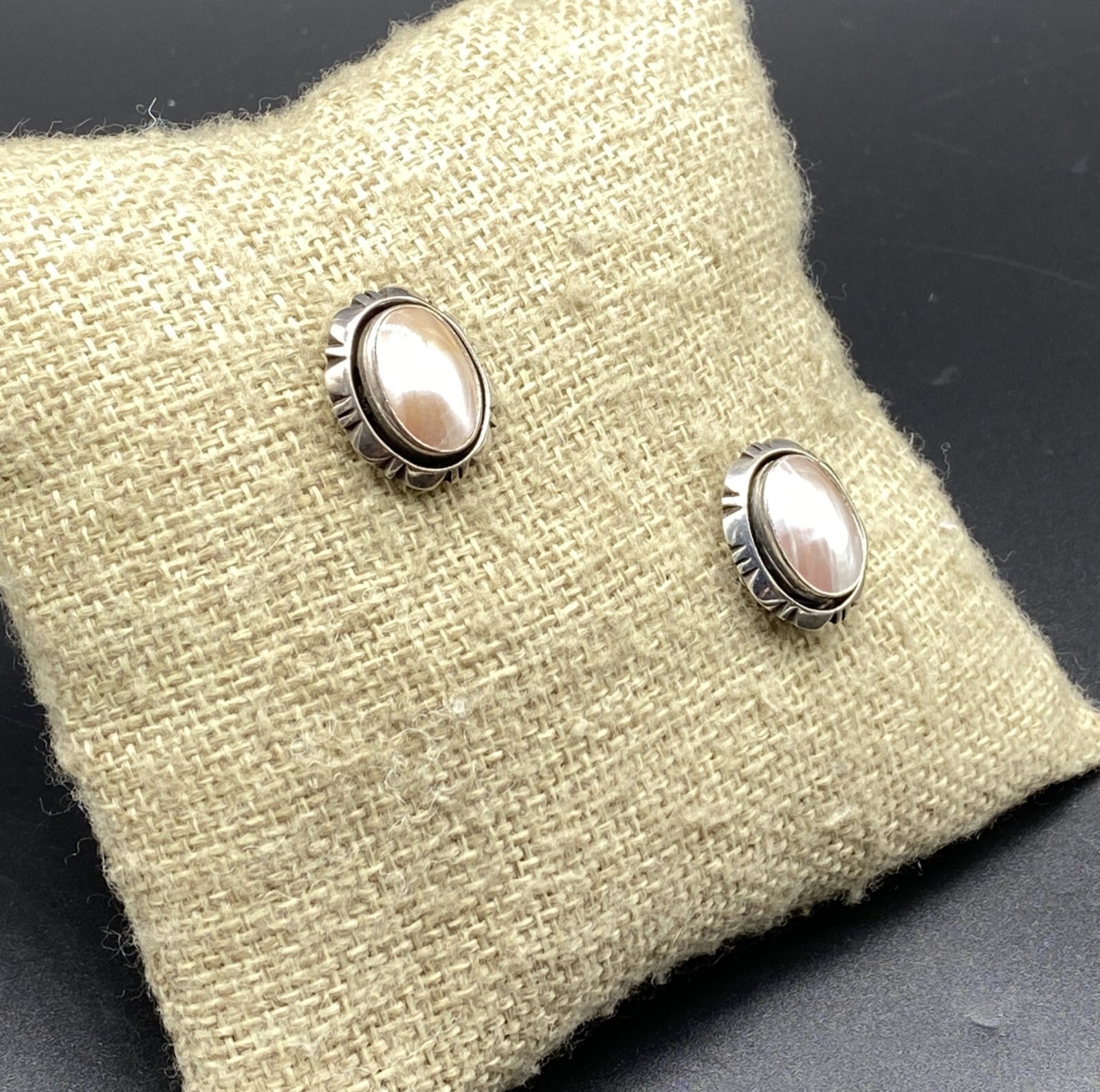 CAROL FELLEY-Sterling Silver Beige Pink Mother of Pearl Oval Post Earrings