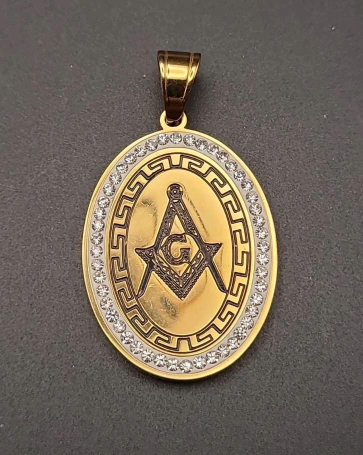 Gold Tone Freemason Masonic Pendant Square & Compass CZ Rhinestone Oval Charm…