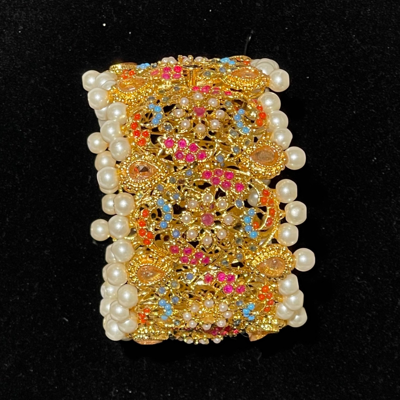 Jadau Hyderabadi Navratan Multicolor Stone Pearl Cuff Bangle Bracelet Indian