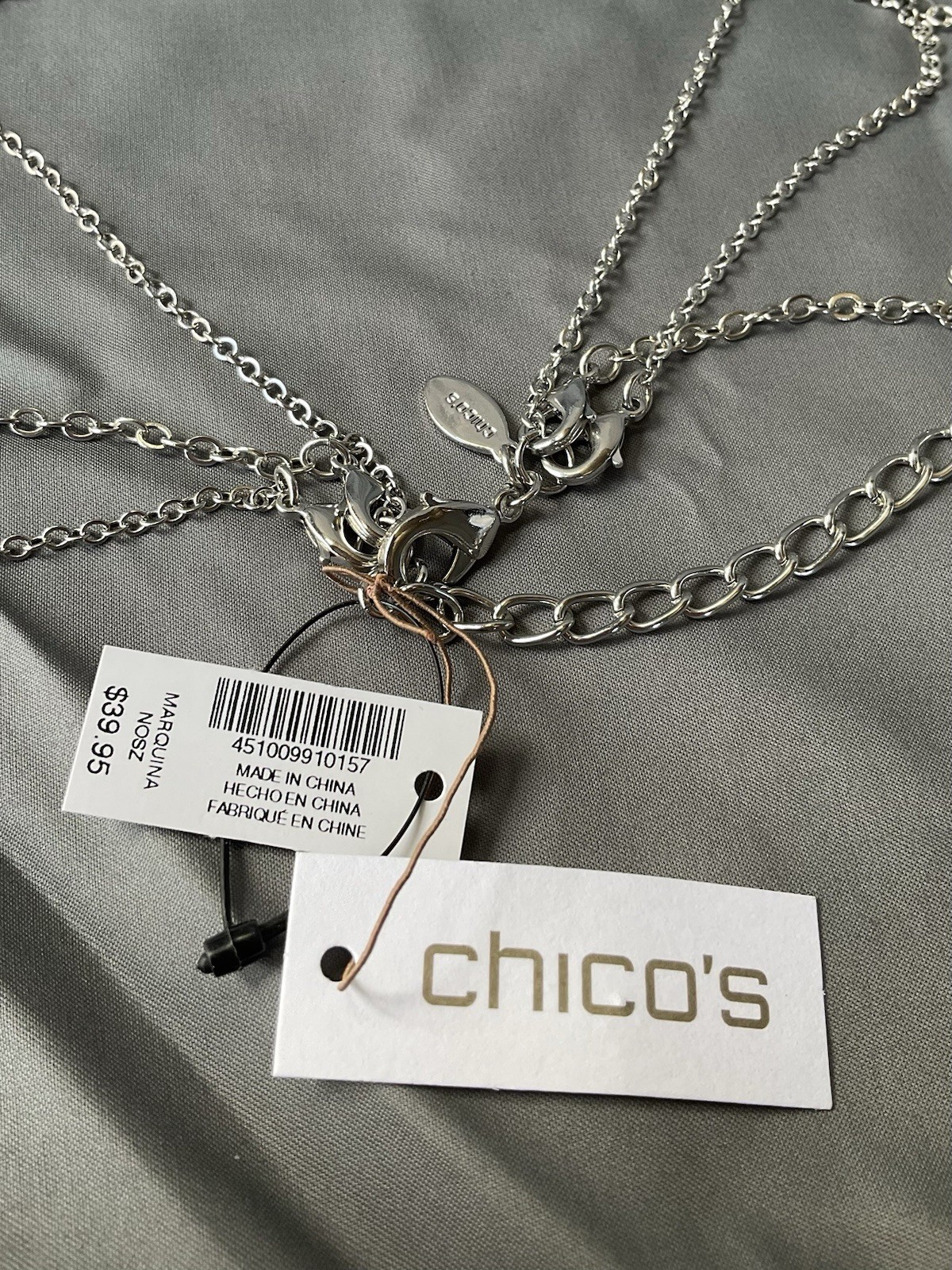 Chico’s Silver Tone 3 Adjustable Length Chain Necklace W/pendant & Tassel #1190