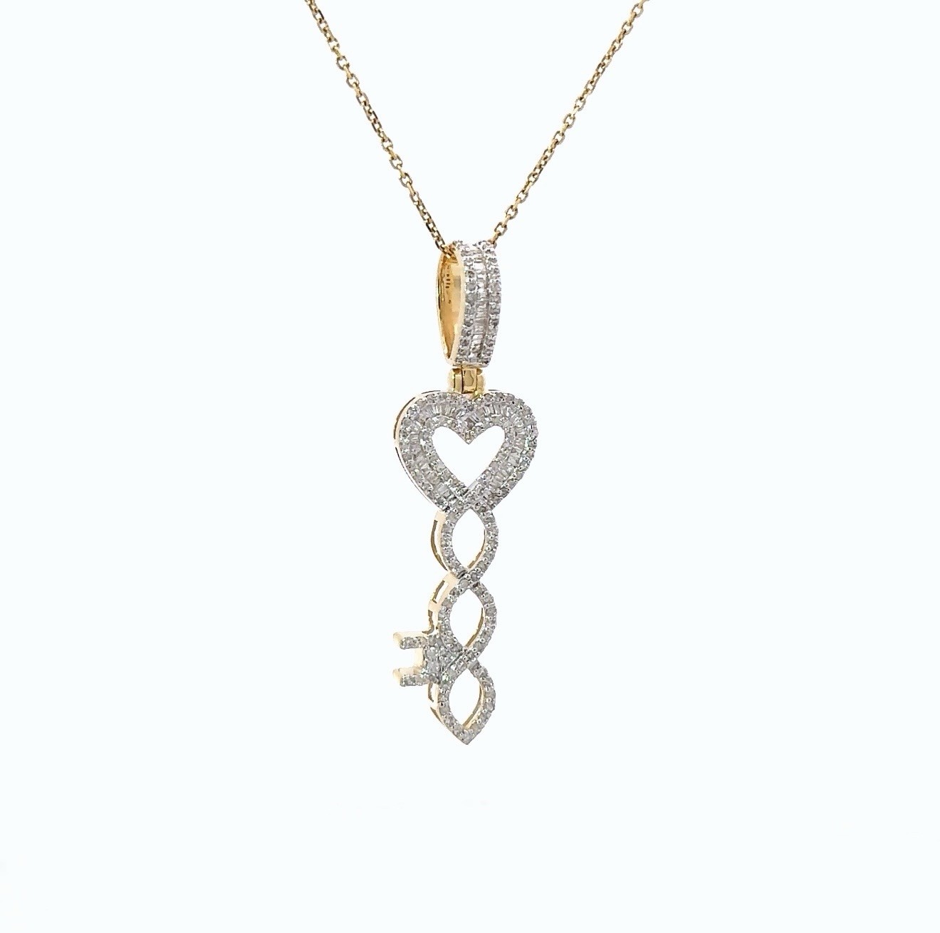 Women’s 14K Gold Diamond Infinity Heart Key Pendant 0.70ct Baguette & Round Cut
