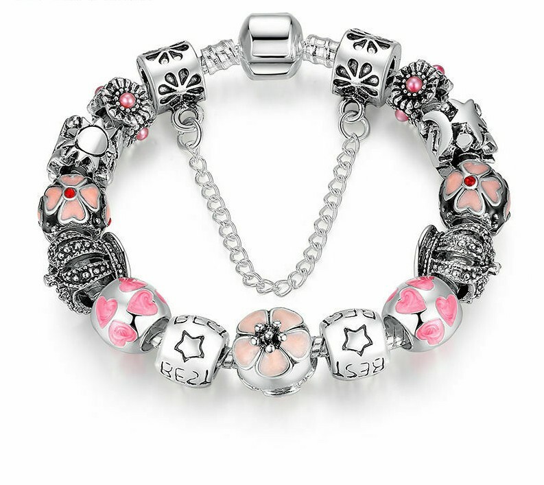 925 SILVER PLATED CHARMS BRACELET W/ FLOWER & HEART BEADS / LENGTH 7.5”