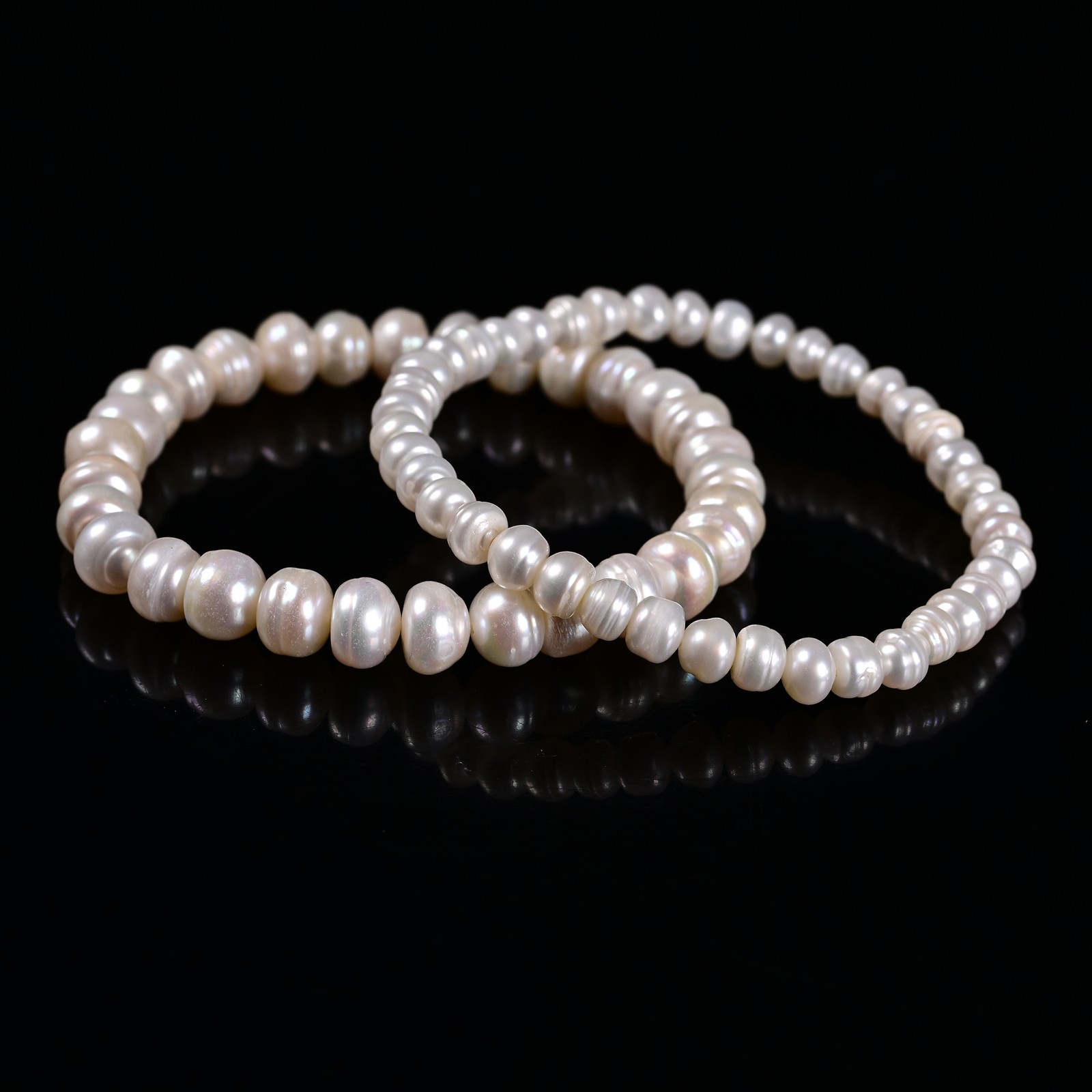 White Fresh Water Pearl Rondelle Button Beaded Bracelet 4x6mm 6x8mm 7.5”Length