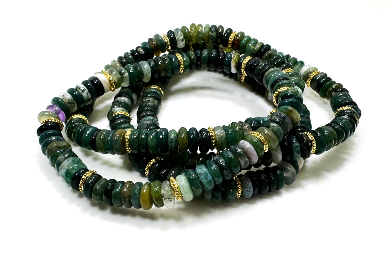 Green Moss Agate Rondelle Beaded Stretch Bracelet 6.5″ – 6mm Gemstone Beads
