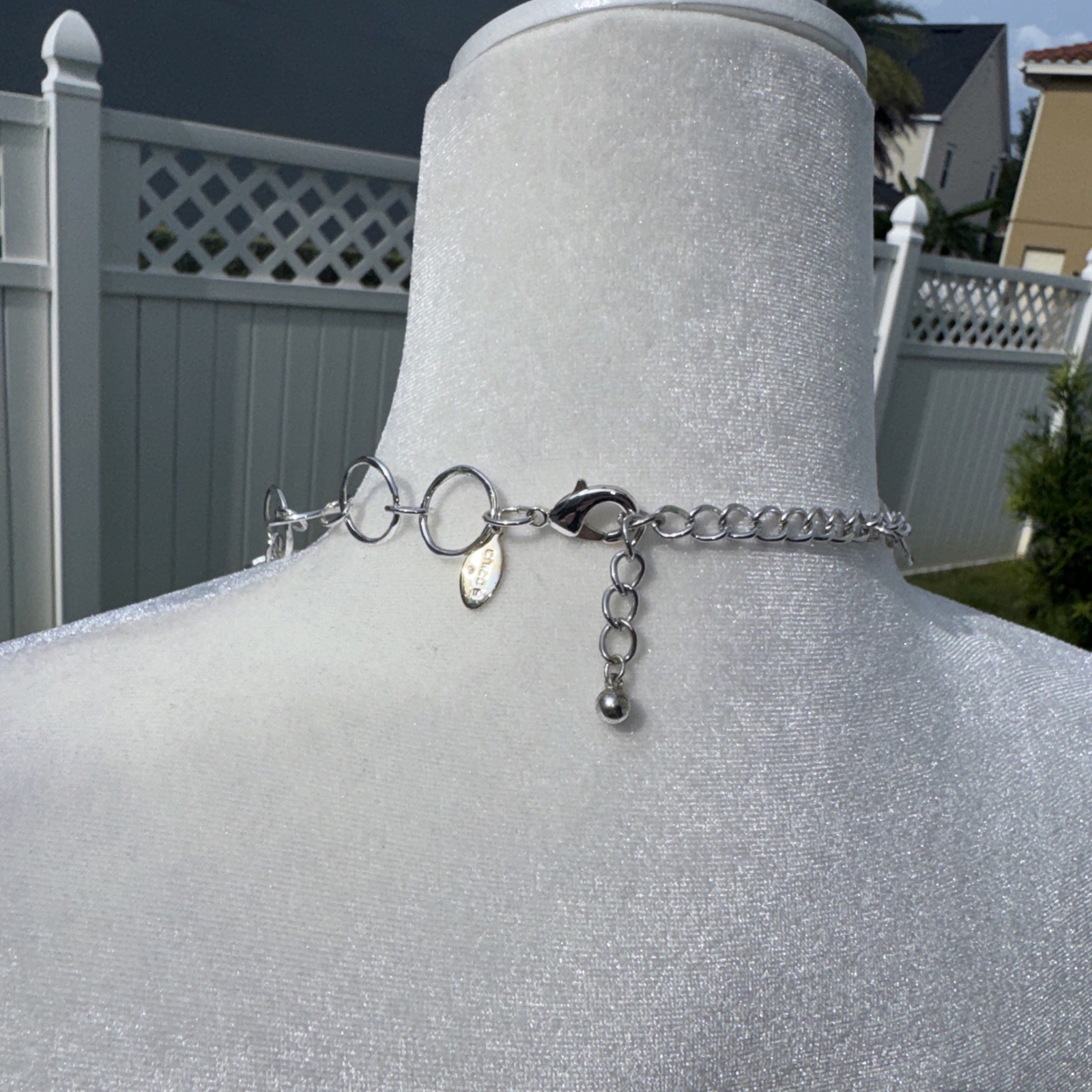 Chico’s Silver Tone Circle Link Hammered Necklace Signed Adjustable Bib Style