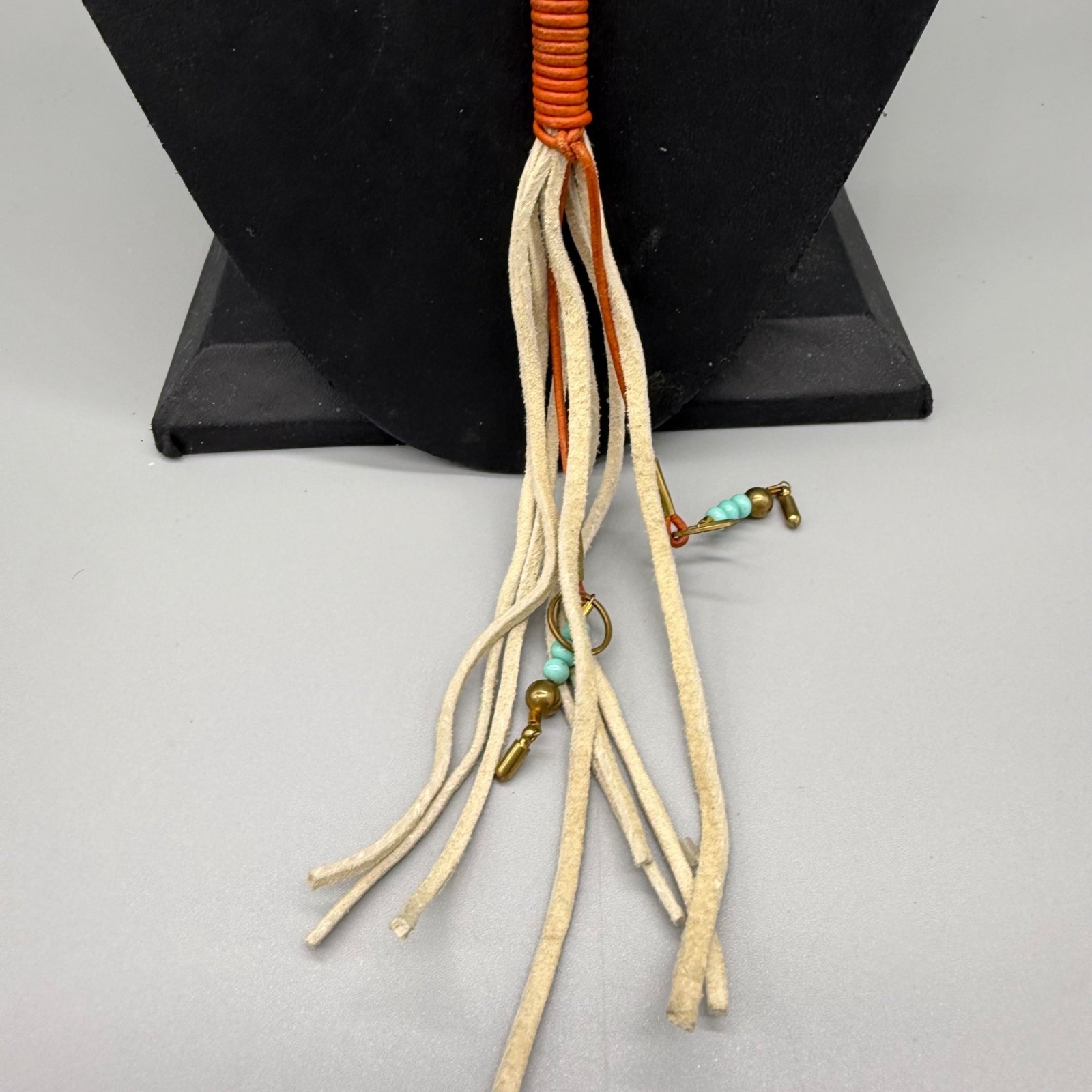 Ink + Alloy Leather Tassel Necklace Brass Accents Turquoise color beades