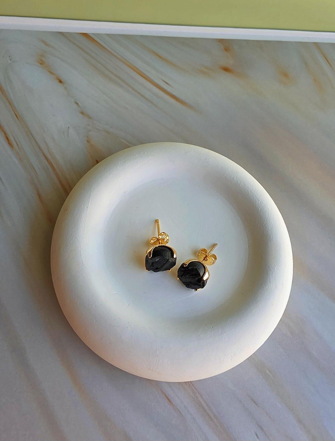 Black Tourmaline Gold Stud Earrings 18K Plated Healing Protection Gift