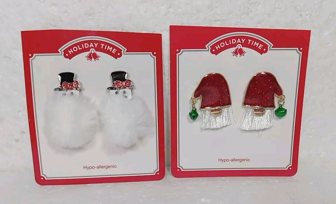 Two Pair Of Holiday Time Earrings Christmas Santa And Snowman Hypo Allergenic
