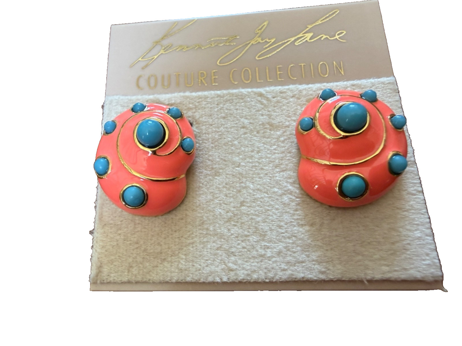 Kenneth Jay Lane gold coral turquoise dots snail shell earrings signed New
