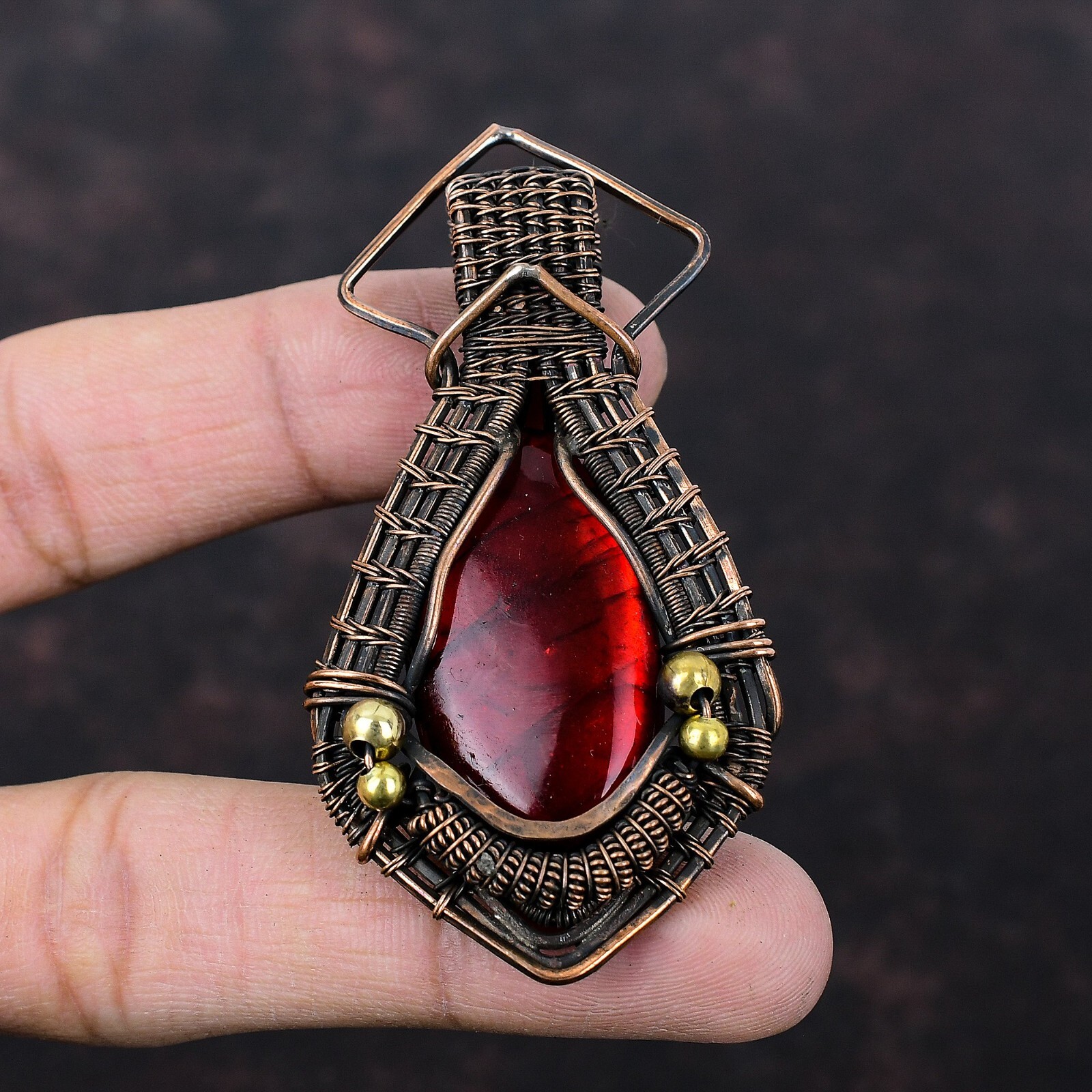 Red Fire Labradorite Copper Gift For Briedsmaid Wire Wrapped Pendant 2.83″